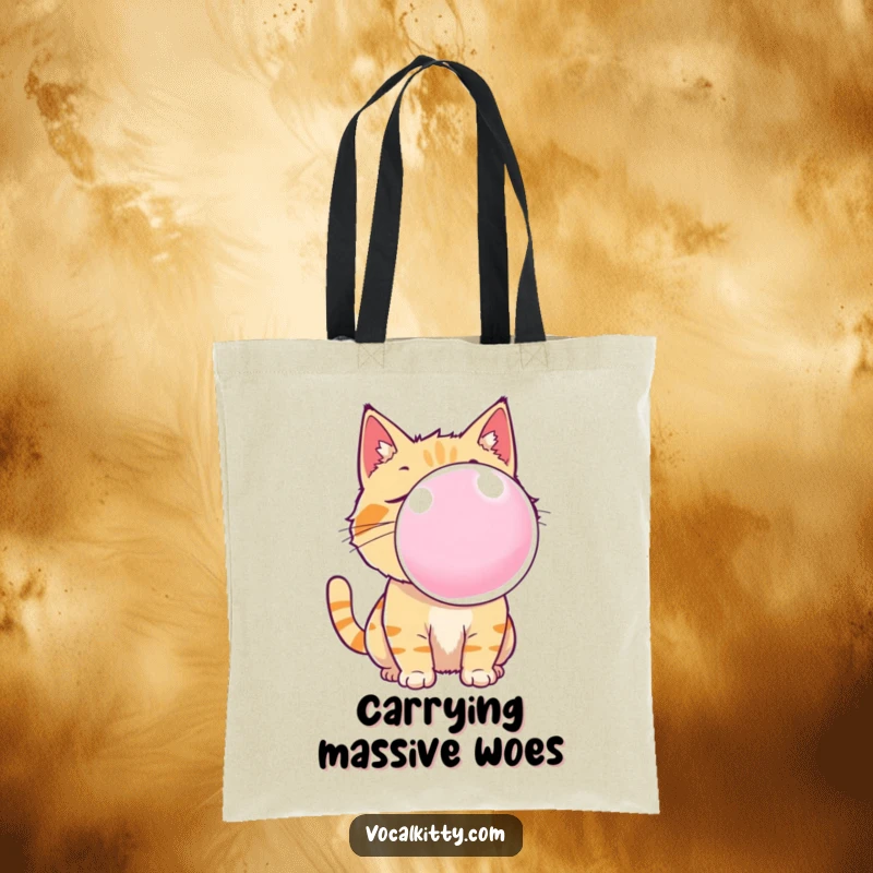 Funny cat tote bag showcasing a cat's comical attempt at blowing an enormous, shiny bubble gum bubble, perfect for everyday use.