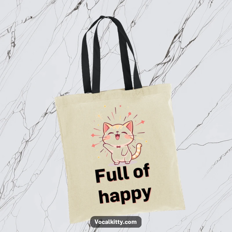 Funny cat tote bag depicting a character bursting with joyful sound in a firework display, perfect for carrying supplies with a celebratory mood.