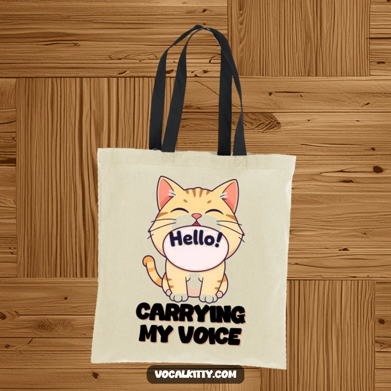 Funny cat's giant oval mouth saying 'Hello!', durable tote bag, stylish and practical.