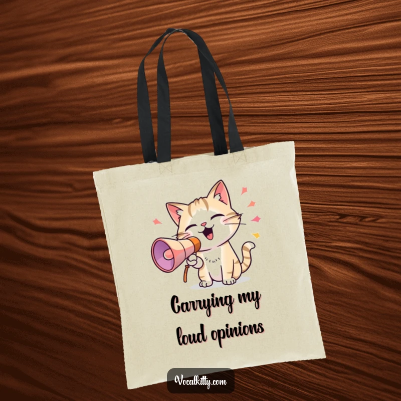Funny tote bag with a cat using a megaphone to emit colorful sound waves, ideal for carrying items with a bold and humorous flair.