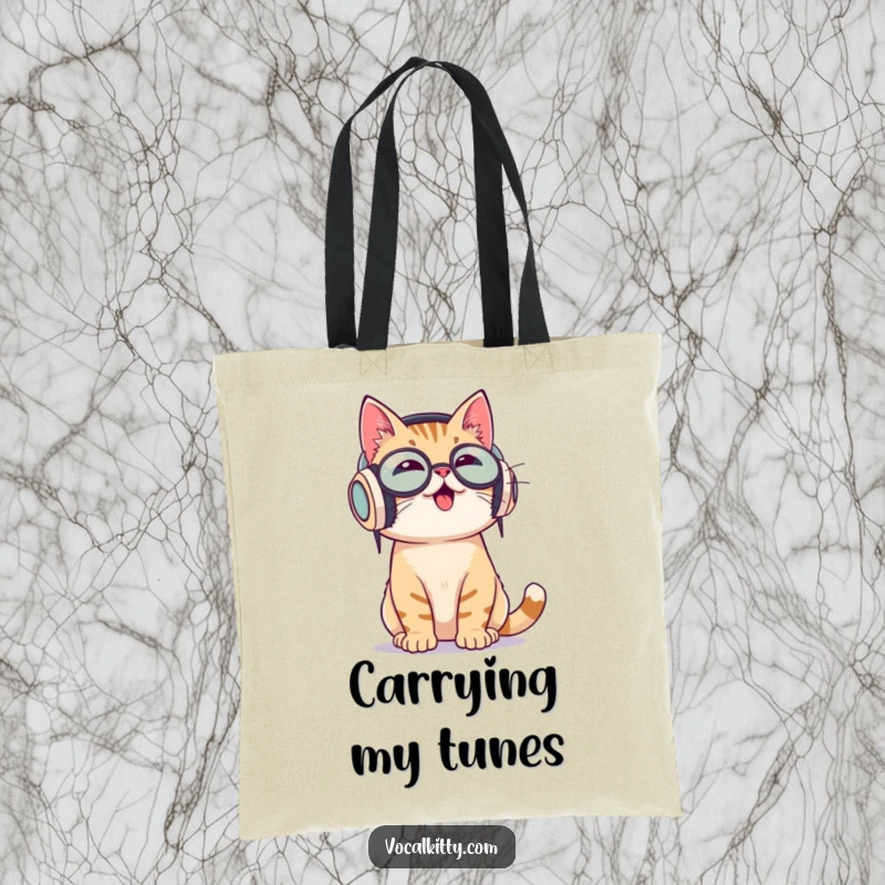 Funny tote bag with a cat wearing large headphones, enthusiastically bobbing its head to music, showing musical enjoyment.