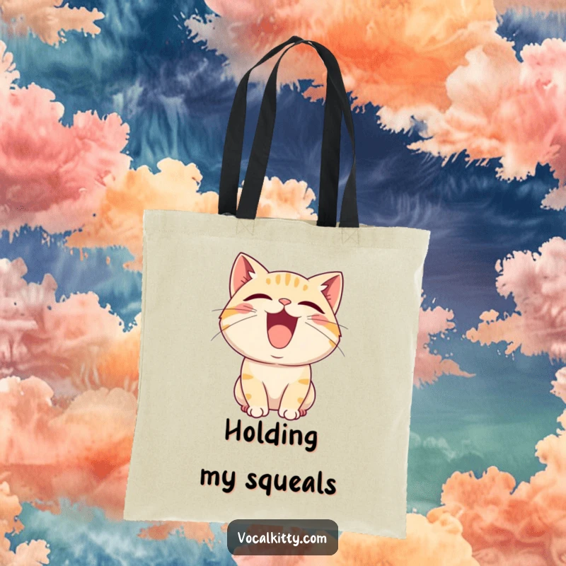 Funny tote bag illustrating a cartoon cat with its mouth open wide, caught in a moment of ecstatic, joyful squealing.