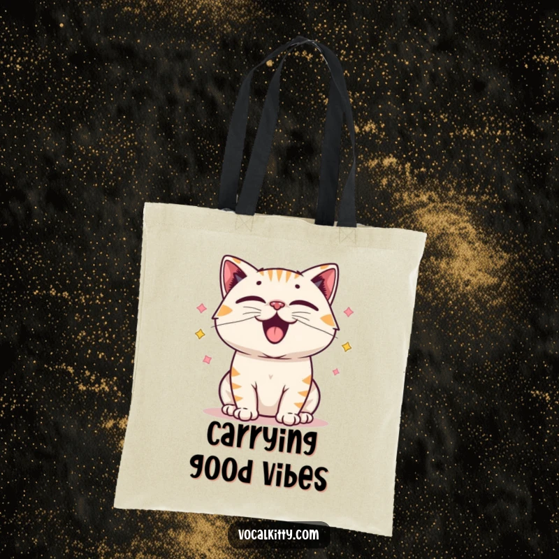 Funny tote bag illustrating a cartoon cat with dramatically vibrating vocal cords, emanating waves of pure, happy sound.
