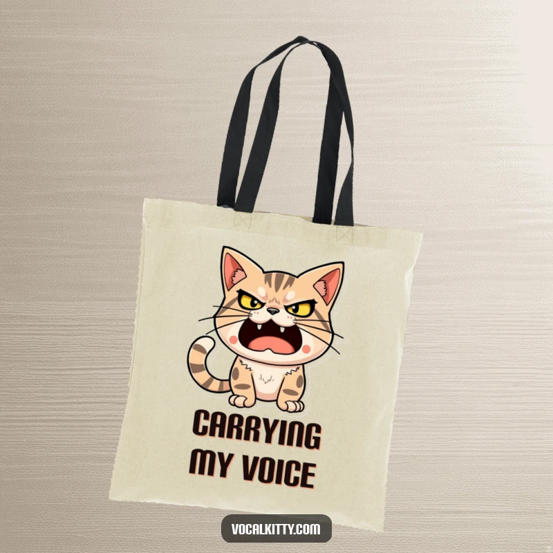 Funny cat character with a determined, loud expression, ready to unleash a big sound, on a tote bag.