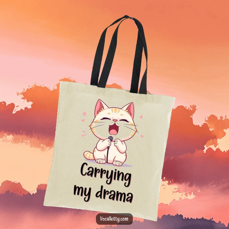 Funny tote bag showcasing a cat character singing opera with dramatic gestures and an expressive, wide-open mouth.