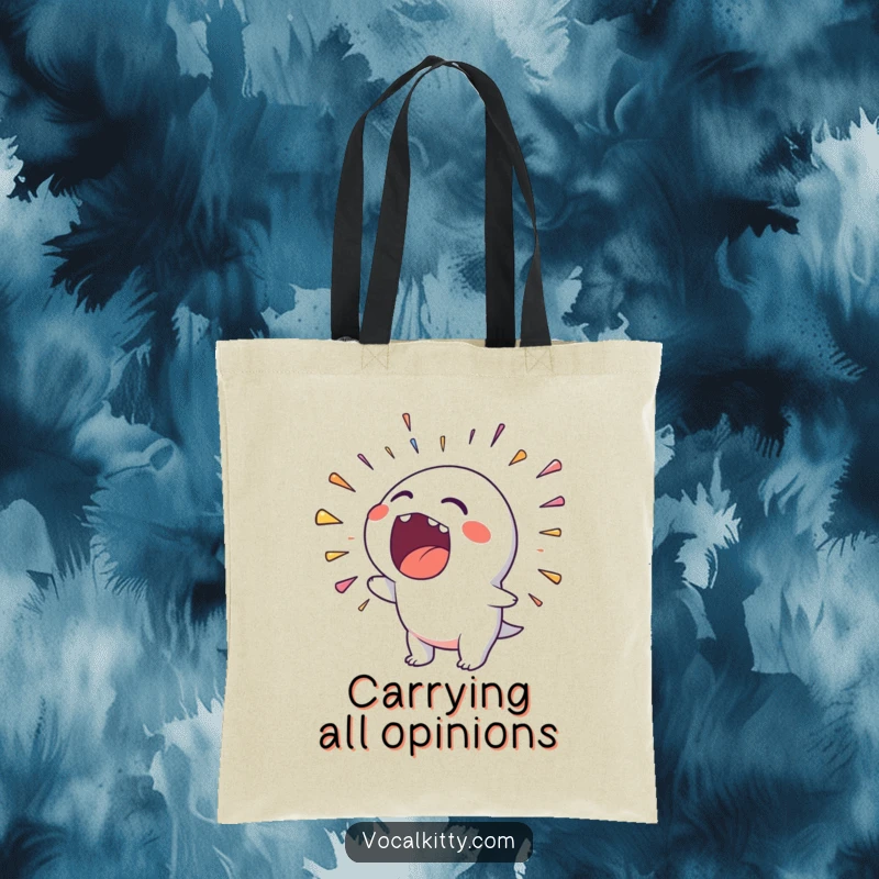 Funny tote bag illustrated with a character's wide-open mouth emitting a spectacular rainbow of noise, perfect for carrying anything.
