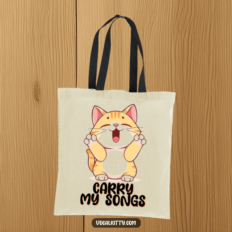 Funny yodeling cat tote bag, featuring a cat yodeling loudly with its paws pressed against its ears, full of musical energy. Useful gift.
