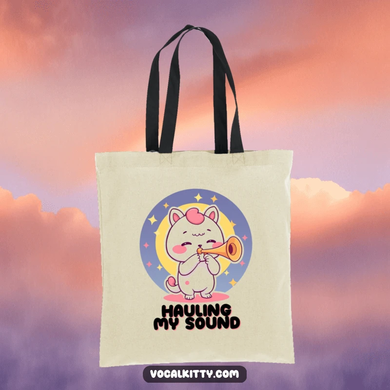 Funny tote bag showing a character using its voice box as a trumpet, radiating cheerful and vibrant sound waves.