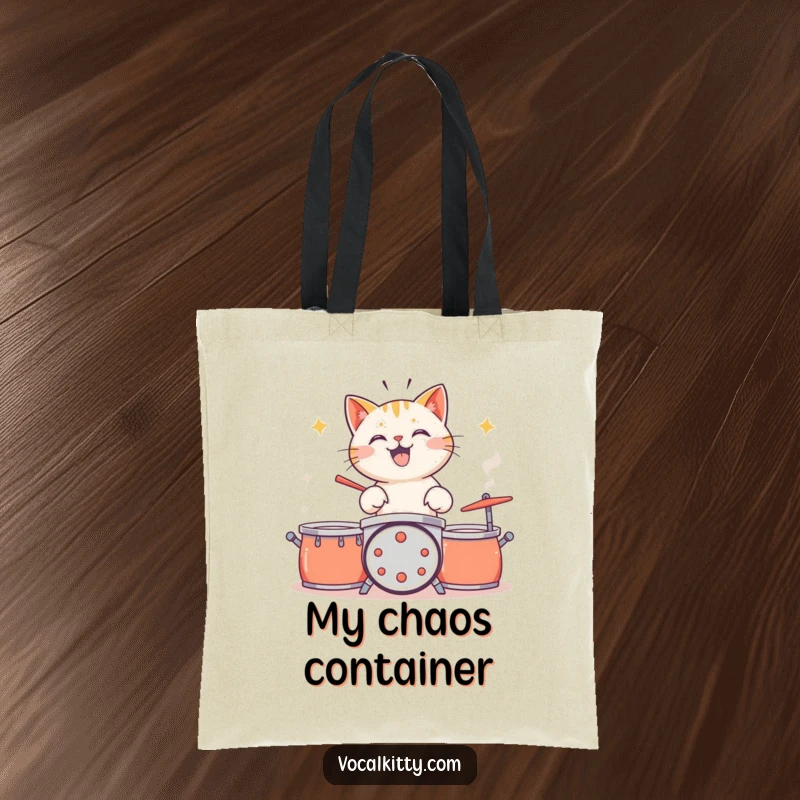 Funny cat drumming on pots and pans, musical energy, tote bag design.
