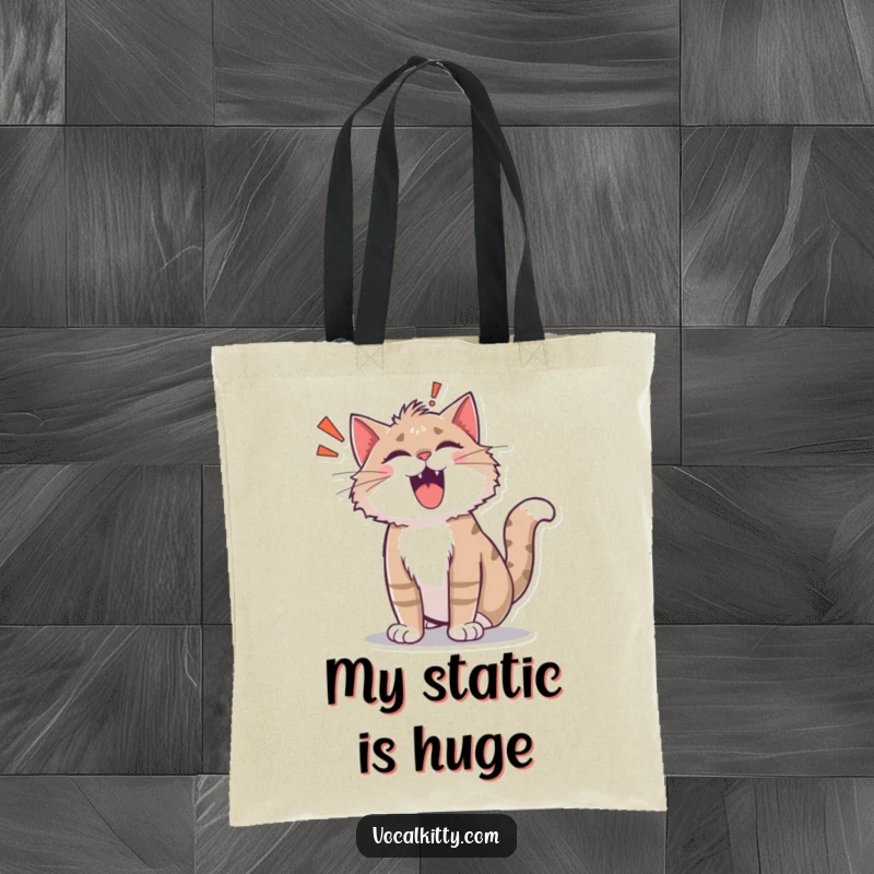 Funny shocked cat tote bag, fur bristling, with a cartoon 'ROAR!' indicating pure, comical shock.