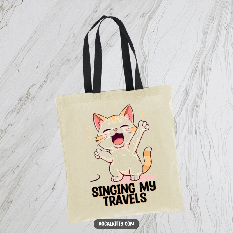 Funny tote bag with a cartoon cat character striking a powerful, dramatic singing pose, ready for a standing ovation.